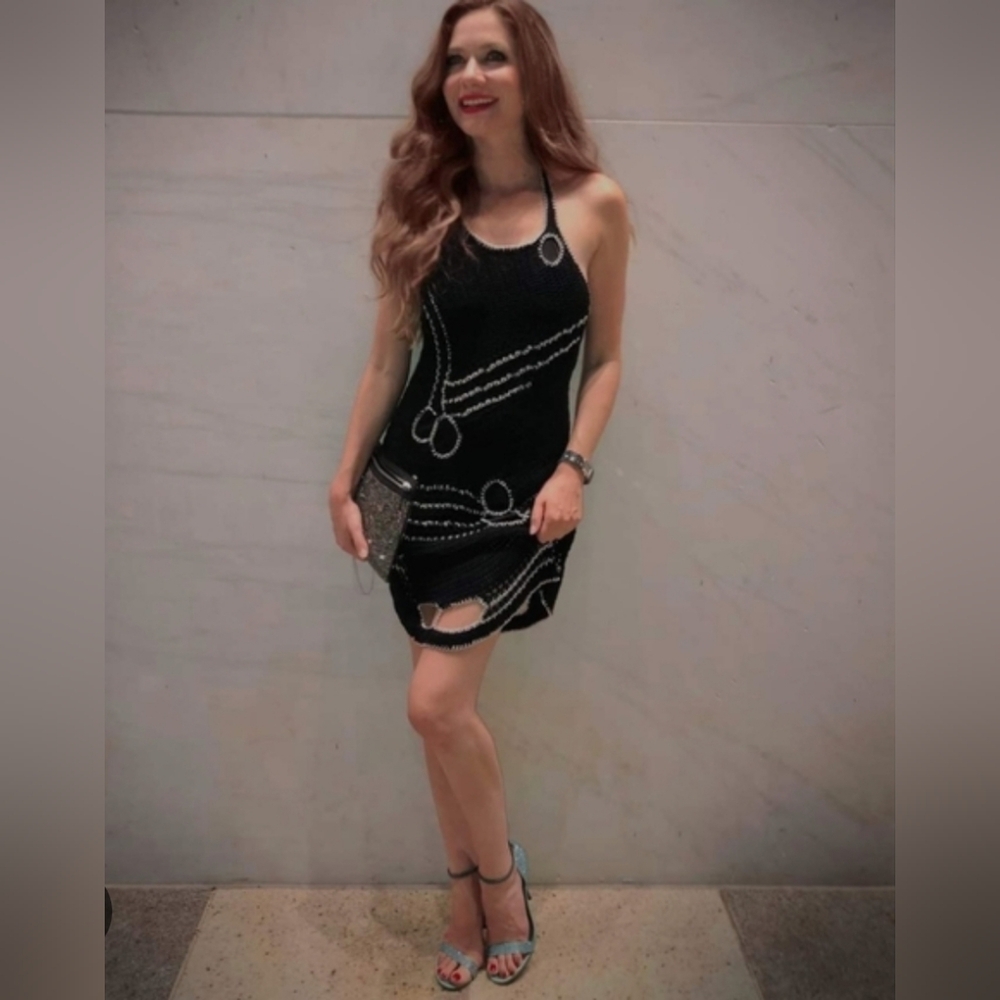 Bebe Black Crochet Knit Chain Cut Out Halter Little Black Dress